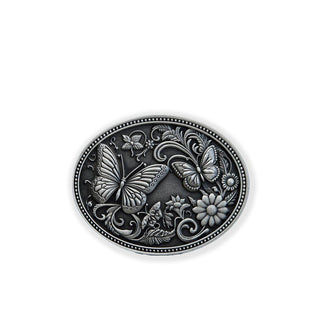 Buckingham Pewter butterfly belt buckle small featuring intricate butterfly and flower designs