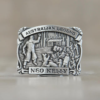 Buckingham Pewter Ned Kelly Buckle featuring Australian Legend design with intricate detailing