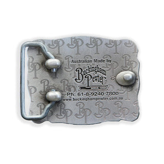 Buckingham Pewter Australian-Made Buckle with Brushed Finish and Logo Design