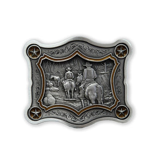 Detailed pewter belt buckle featuring a cowboy scene with intricate designs and star accents