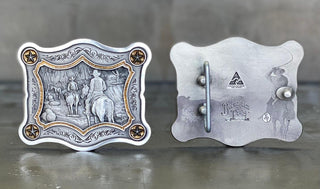 Buckingham Pewter pewter belt buckle featuring a detailed cowboy scene with horses and decorative accents
