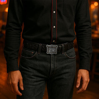 Buckingham Pewter pewter belt buckle displayed on a black leather belt with a stylish outfit