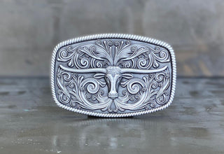 Longhorn belt buckle Australian made with detailed floral engraving by Buckingham Pewter