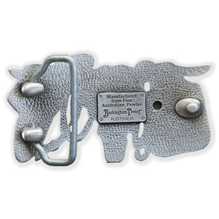 Buckingham Pewter Roped and Wrangled belt buckle featuring a textured design and cattle silhouette