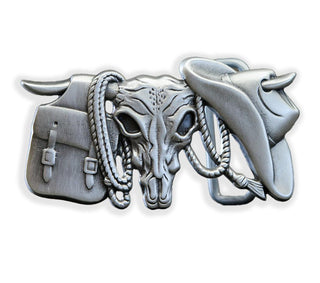 Decorative Roped and Wrangled belt buckle featuring a bull skull with saddle and ropes detail