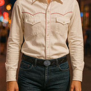Buckingham Pewter butterfly belt buckle small displayed on a stylish outfit with a western shirt and jeans