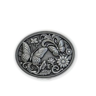 Custom butterfly belt buckle featuring intricate butterfly and floral designs in pewter finish
