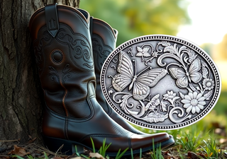 Elegant custom butterfly belt buckle with intricate floral designs, displayed next to stylish cowboy boots