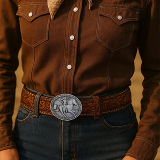 Jessicas Pride Belt Buckle displayed on a brown leather belt with a western-style shirt