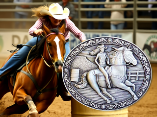 Jessicas Pride Belt Buckle featuring a detailed rodeo rider design with a horse in action