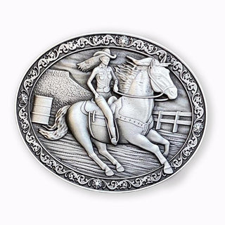 Jessicas Pride Belt Buckle featuring a cowboy on horseback in an engraved design