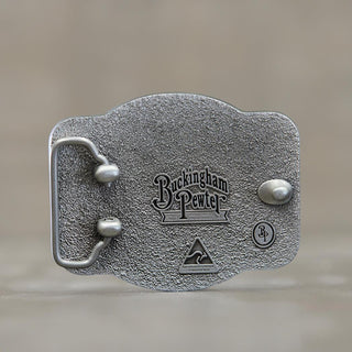Buckingham Pewter Live to Ride belt buckle in a textured silver finish for motorcycle enthusiasts