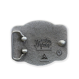 Buckingham Pewter Live to Ride belt buckle featuring a textured finish and secure clasp