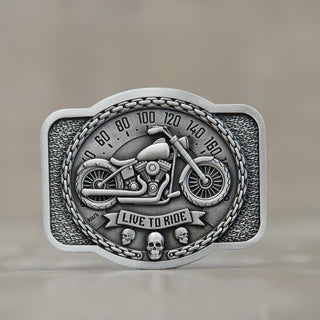 Buckingham Pewter Live to Ride belt buckle featuring a motorcycle and skull design