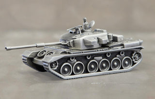 Detailed Buckingham Pewter Mark V Centurion Tank model in silver finish, showcasing realistic design and features