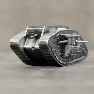 Detailed pewter model of the Mark V Landship tank showcasing realistic features and craftsmanship