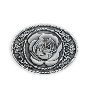 Buckingham Pewter rose belt buckle featuring a detailed rose design with intricate surrounding embellishments