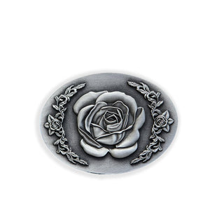Elegant rose design belt buckle by Buckingham Pewter featuring intricate rose detailing