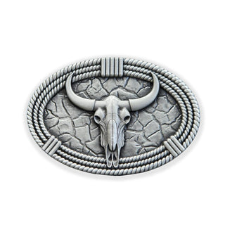 Buckingham Pewter Rustic western skull belt buckle with detailed bull skull design and rope border