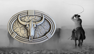 Buckingham Pewter rustic western skull belt buckle with detailed design and textured background