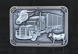 Rusty's Folly belt buckle featuring a detailed truck and cow design, handcrafted by Buckingham Pewter