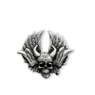 Buckingham Pewter Welcome to Valhalla Skull and Wings Brooch with Intricate Detailing