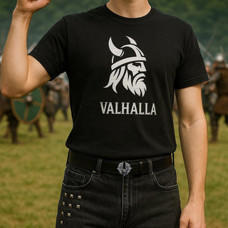 Black T-shirt featuring Viking design and text Welcome to Valhalla for fans of Norse mythology