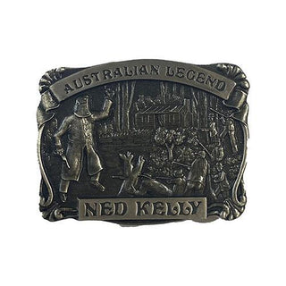 Buckingham Pewter Buckle featuring Ned Kelly Siege at Glenrowan, with Australian Legend Inscription and Detailed Artwork
