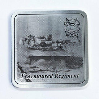 1st Armoured Regiment pewter coaster featuring an engraved military design by Buckingham Pewter