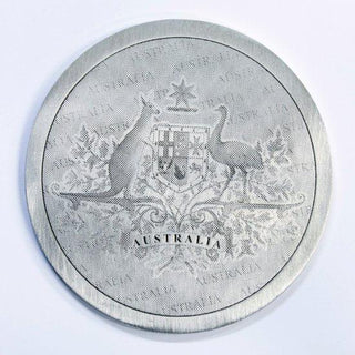 Australian coat of arms coaster in pewter featuring kangaroo and emu designs with Australia engraving