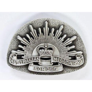 Australian military pewter belt buckle featuring a crown and radiant design by Buckingham Pewter