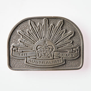 Australian Rising Sun belt buckle in pewter featuring intricate design and Army emblem