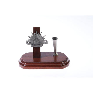Australian Rising Sun pen desk set featuring a pewter emblem on a wooden base for a stylish office or study decor