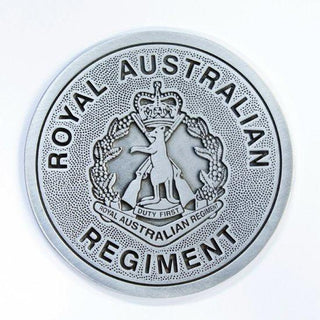 Royal Australian Regiment coaster in pewter with intricate emblem design, perfect for collectors