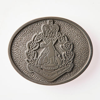Royal Australian Regiment pewter belt buckle featuring detailed emblem and texture
