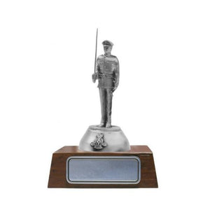 Royal Military College Duntroon pewter figure holding sword mounted on wooden base for military enthusiasts