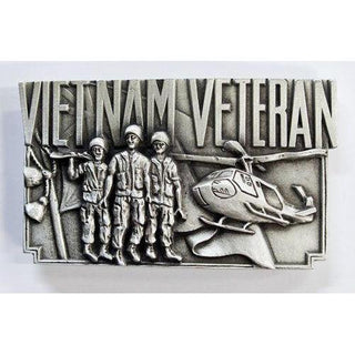 Vietnam Veterans pewter belt buckle featuring soldiers and a helicopter design